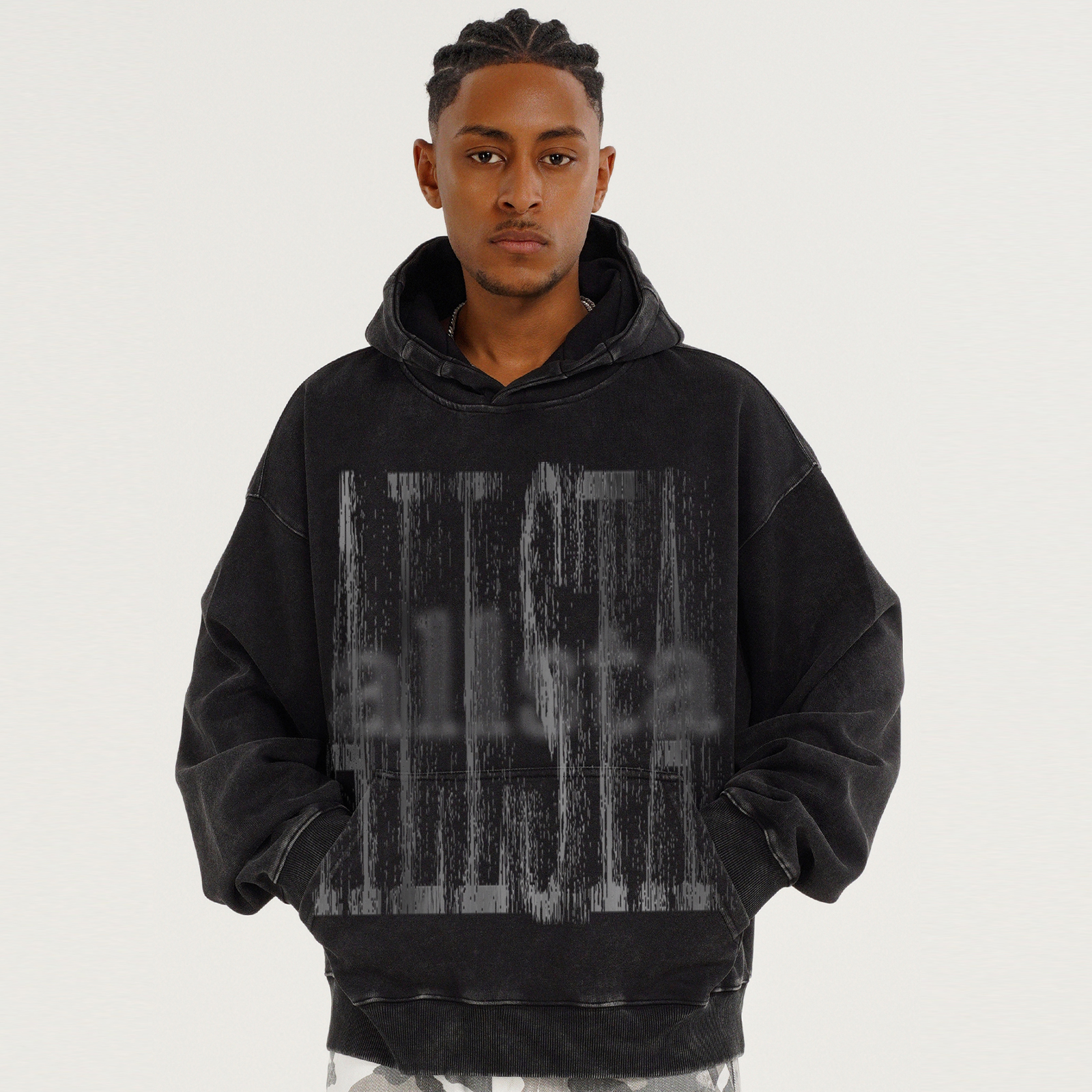 STA虚幻字母影水洗短款连帽卫衣