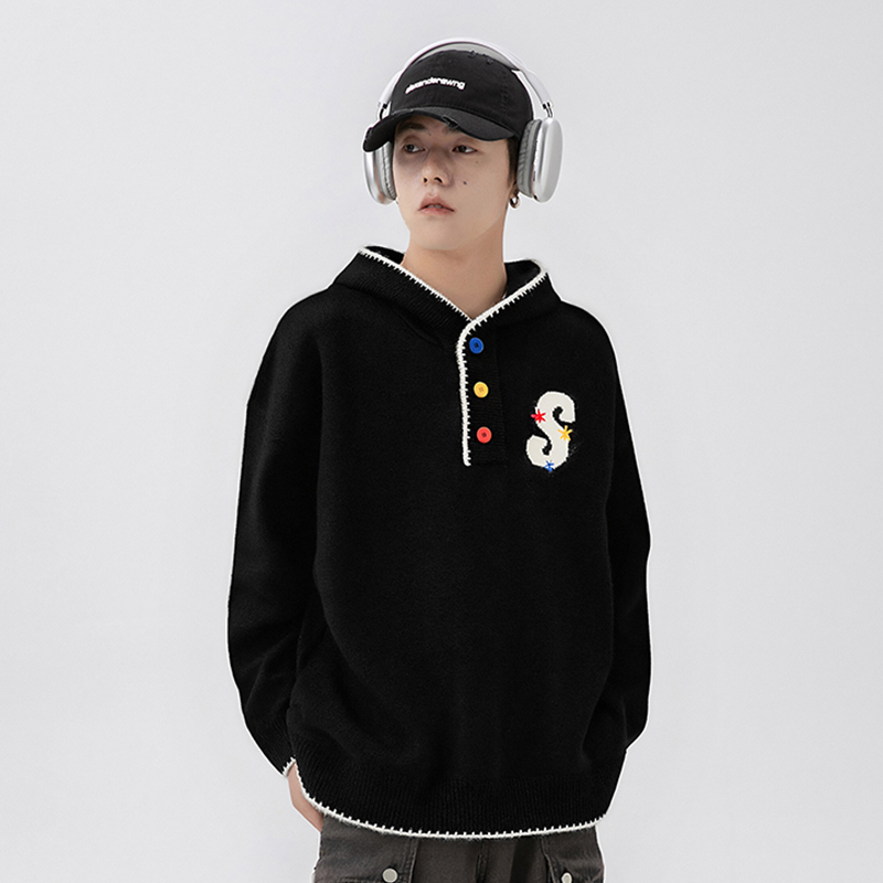 STA秋冬潮牌纽扣连帽毛衣