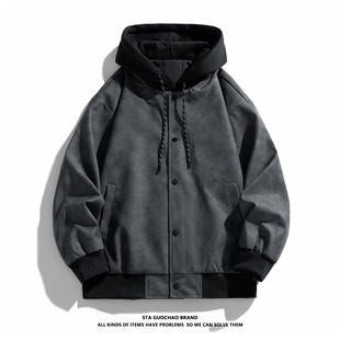 宽松秋冬男生工装 秋装 夹克 男款 STA复古重磅假两件连帽外套男秋季