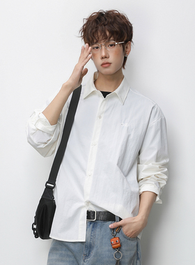 STA秋季简约休闲风白色长袖衬衫男装宽松百搭衬衣翻领青年上衣