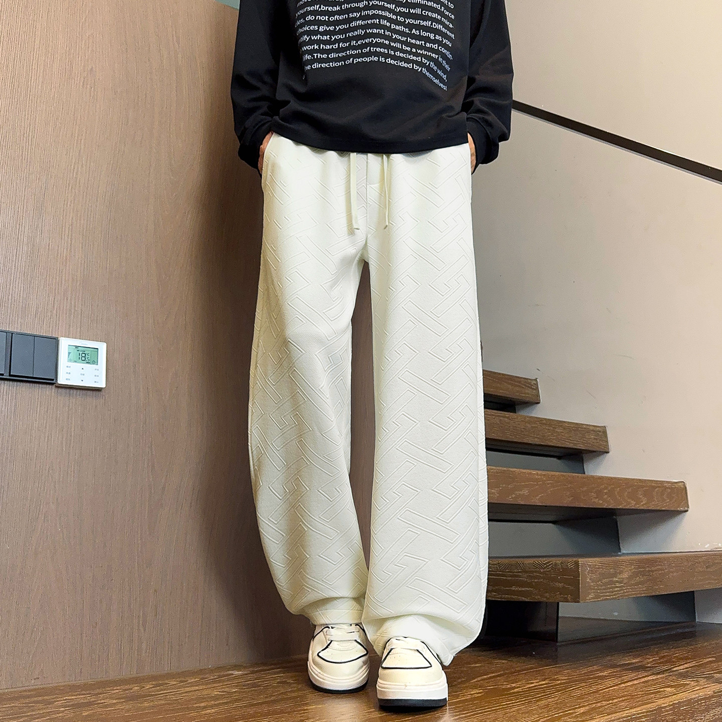 STA国潮白色复古直筒休闲裤男宽松抽绳长裤阔腿运动裤垂感百搭,男装,休闲裤,淘宝优惠券,粉丝福利购,淘宝优惠卷