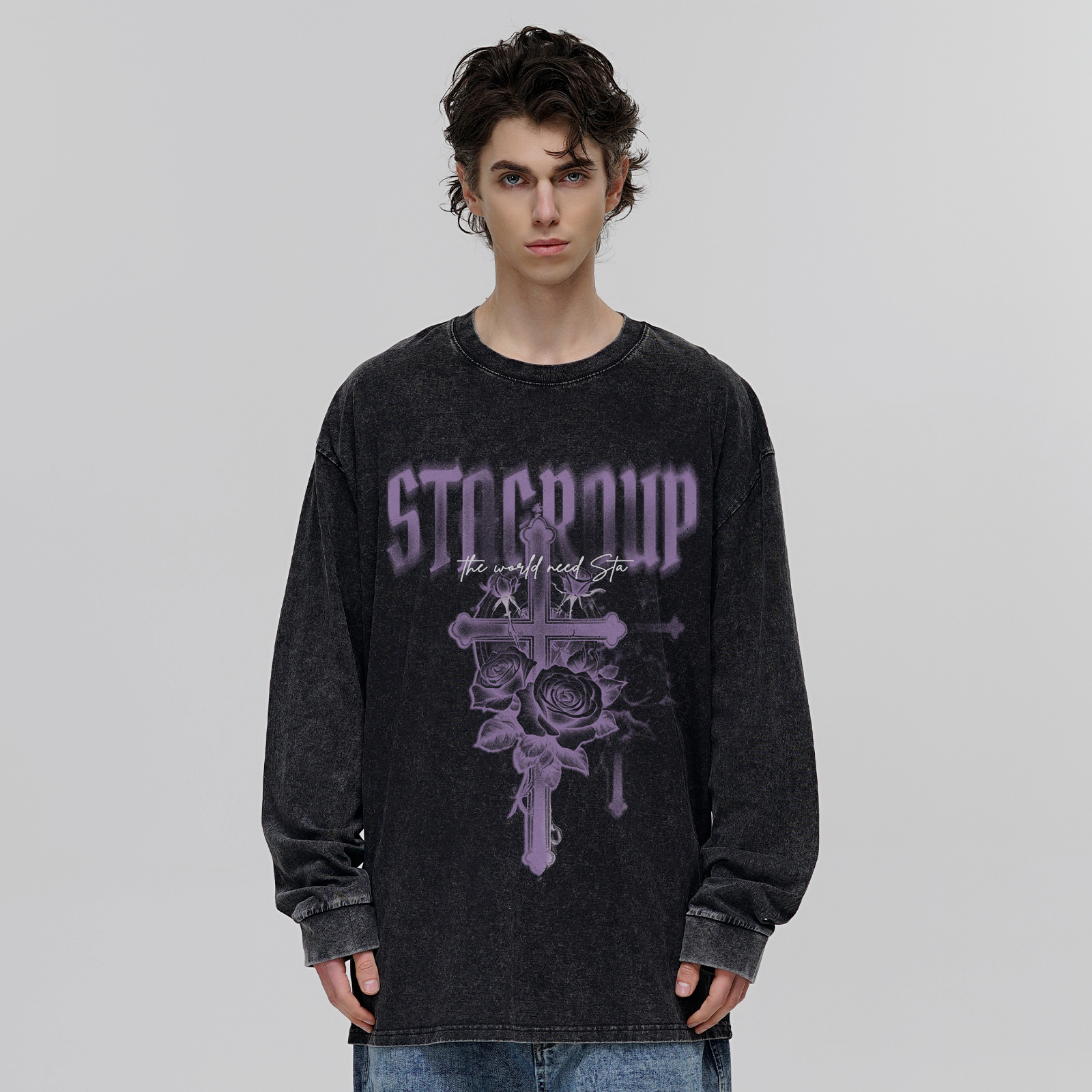 STA十字玫瑰架水洗做旧长袖