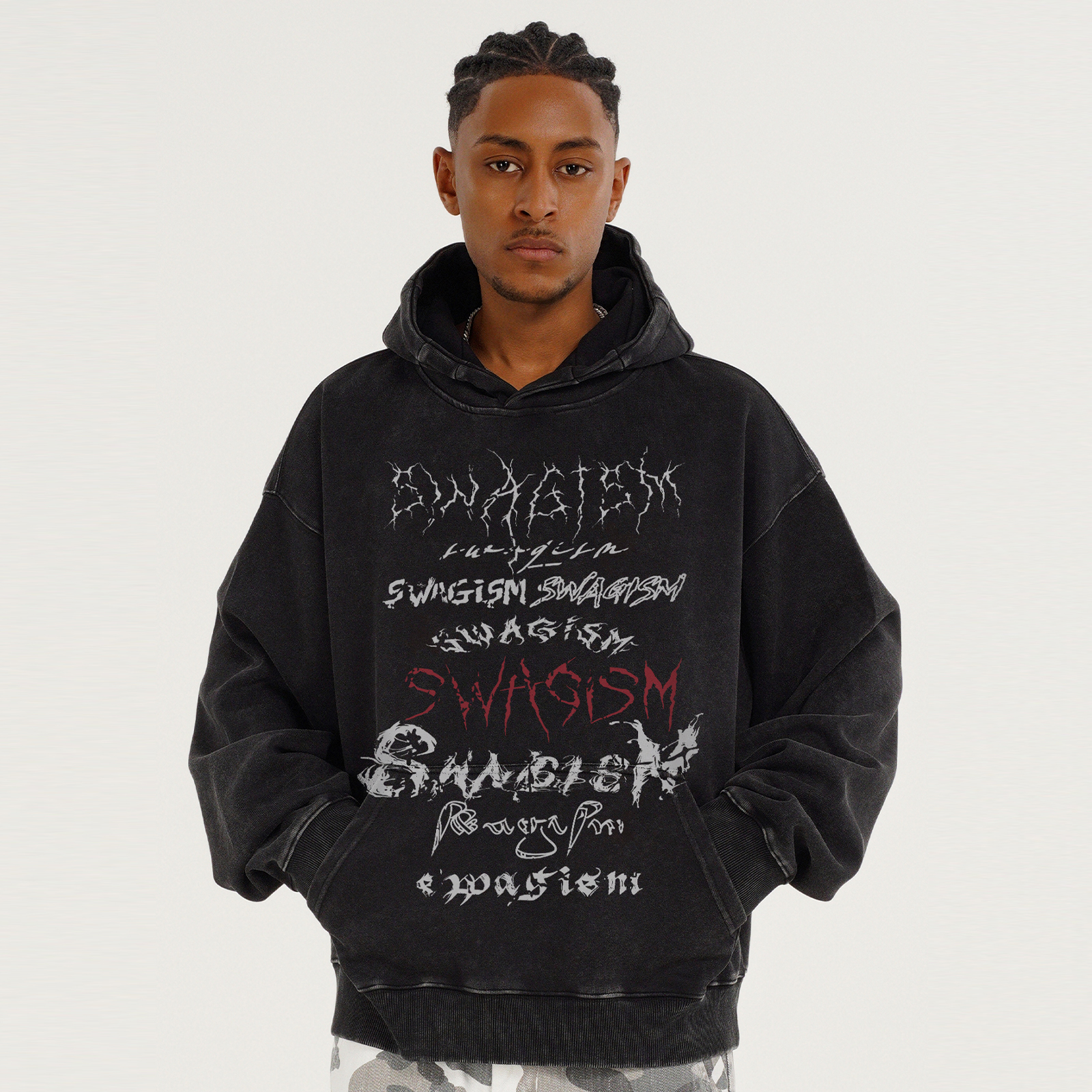 STA涂鸦字350G水洗短款连帽卫衣