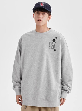 STA美式重磅圆领卫衣男宽松百搭长袖灰色上衣雪花字母印花潮牌