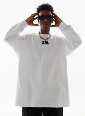 STA春秋新款圆领黑白色基础logo纯棉长袖t恤男女宽松休闲嘻哈情侣