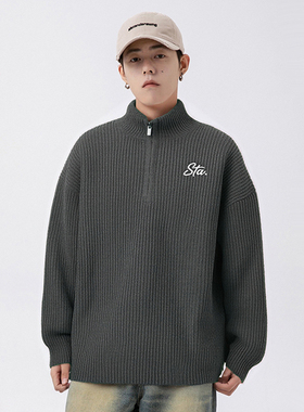 STA秋冬保暖立领毛衣男松弛风休闲百搭针织衫深灰色衫潮牌上衣女