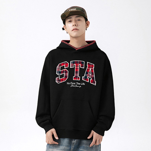 重磅 高街黑色外套衫 STA潮牌红色格纹字母印花连帽卫衣情侣装 美式