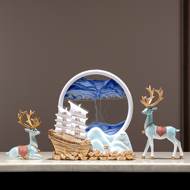 招财鹿流沙画摆件新中式客厅电视酒柜办公室桌面装饰品摆件