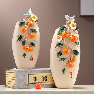 新中式柿柿事事如意摆件花瓶一对入户玄关电视柜客厅高级感装饰品