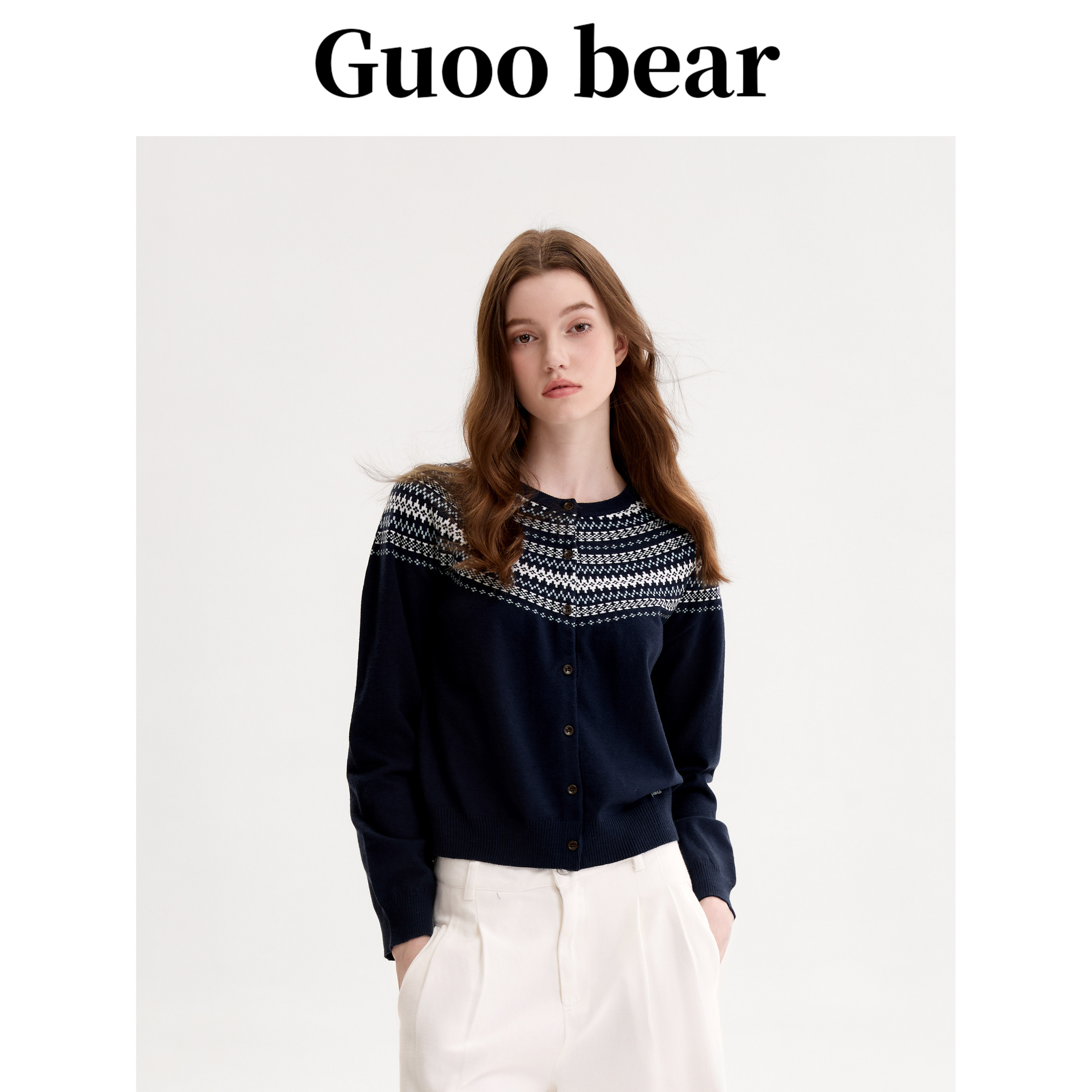 GUOOBEAR古家小熊2025秋冬费尔岛提花针织开衫外套女复古圆领毛衣,女装/女士精品,毛针织衫,淘宝优惠券,粉丝福利购,淘宝优惠卷