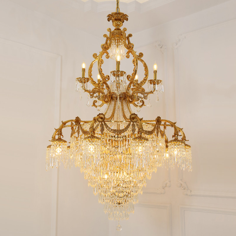 法式脱蜡全铜水晶吊灯欧式客厅别墅复式楼楼梯间奢华酒店大气灯具