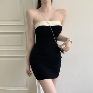 夏季新中式短款修身一字肩裹胸包身连衣裙女气质裙子女装夏装拼接