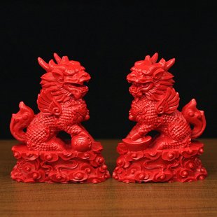 中式红朱砂财福麒麟摆件家用镇宅风水办公室工艺品火麒麟摆设装饰