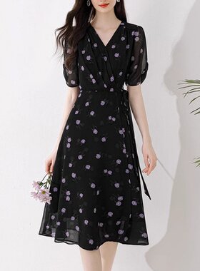 K6F法式碎花连衣裙紫色郁金香夏季2025新款显瘦气质雪纺裙