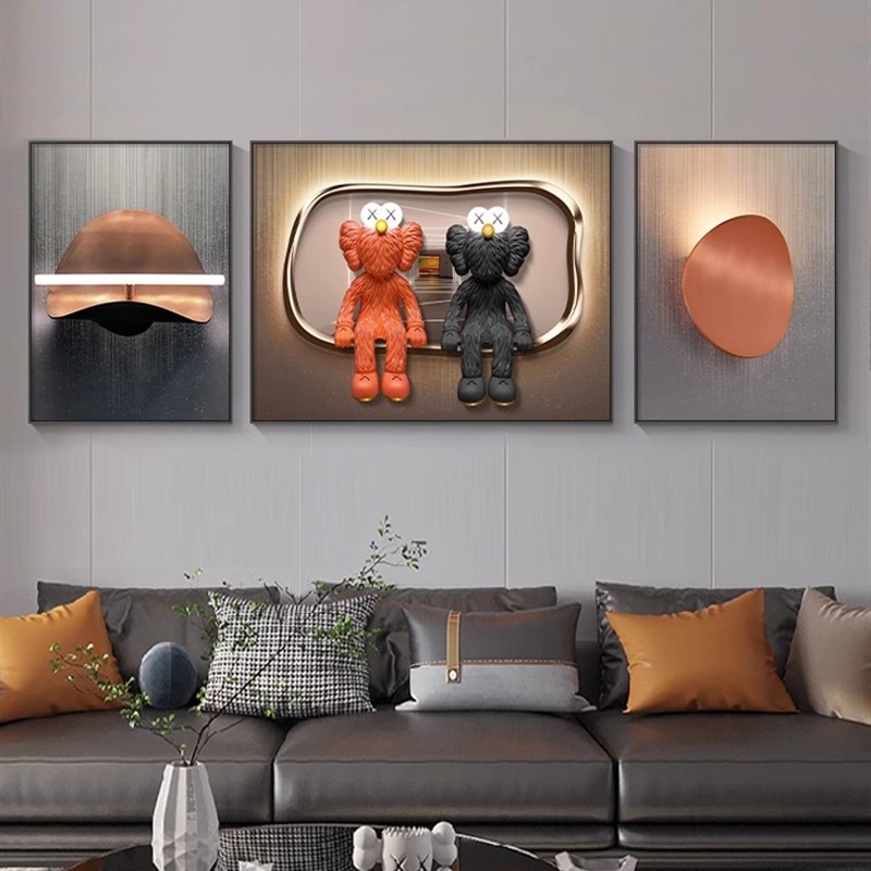 kaws轻奢客厅装m饰画简约高级感三联壁画暴力熊潮牌沙发背景墙挂