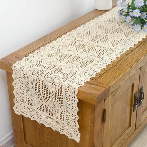 美式田园棉线线镂空餐桌布桌旗装饰布艺彷钩针茶几垫电视柜五斗橱