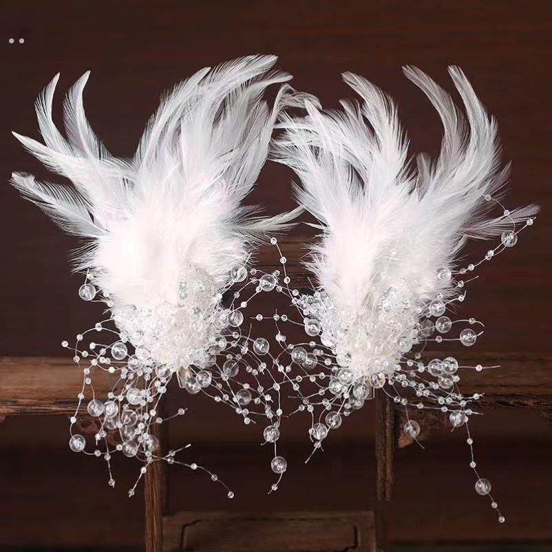轻奢羽毛透明串珠发夹新娘婚纱摄影汉服头饰灵动公主舞蹈演出造型