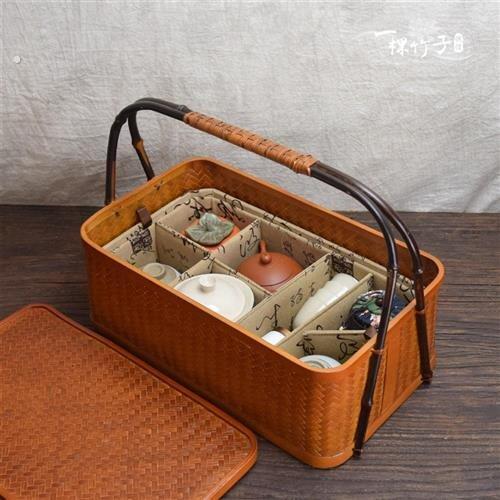中式竹编茶具收纳箱手提便携旅行功夫茶具收纳盒家用防尘桌面茶箱