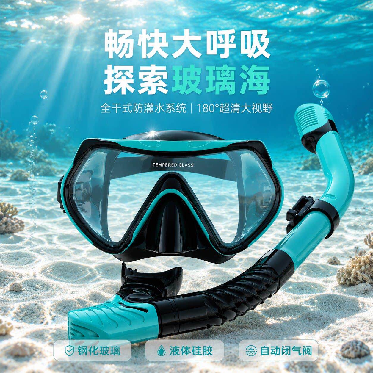 浮潜二宝面镜防雾超大视野深潜水镜全干式呼吸管器游泳面罩套装备