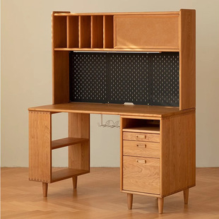 樱桃木学习桌带书架一体北美红橡木电脑办公桌带抽屉学生实木书桌