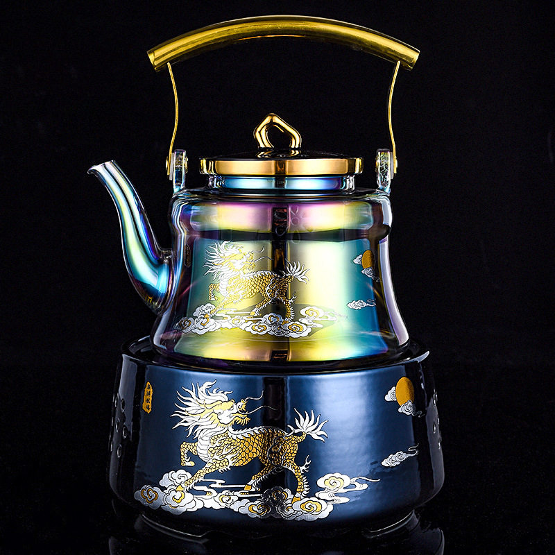 焕彩金银贝彩烧玻璃提梁蒸茶壶家用电陶炉烧水壶煮茶器套装耐高温