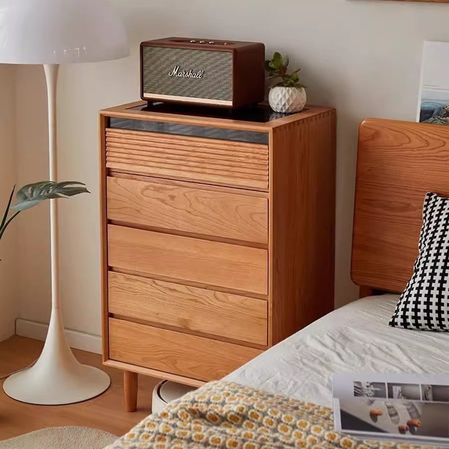 北美樱桃木五斗柜黑胡桃木实木电视边柜卧室收纳柜多功能沙发边柜