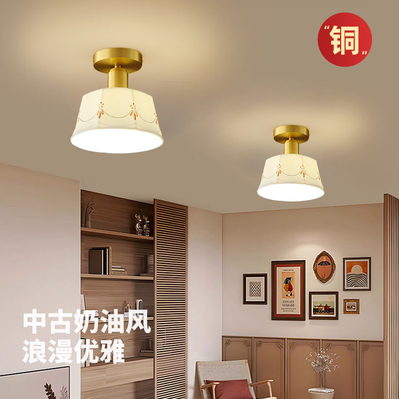 全铜美式复古过道灯釉面创意手绘中古客厅餐厅吧台入户玄关陶瓷灯