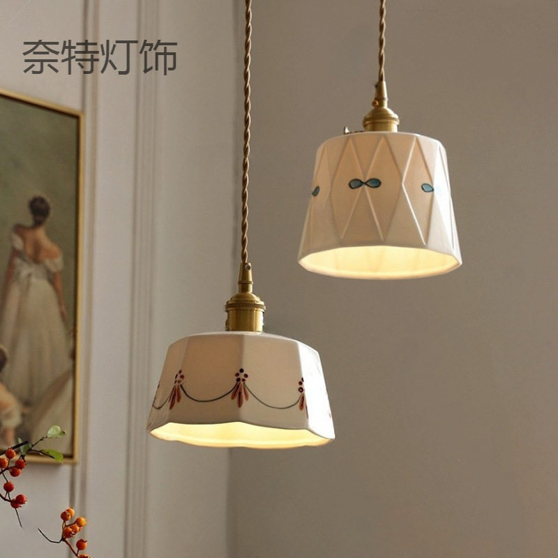 日式复古黄铜釉面印花陶瓷吊灯简约卧室床头餐厅吧台玄关飘窗灯具