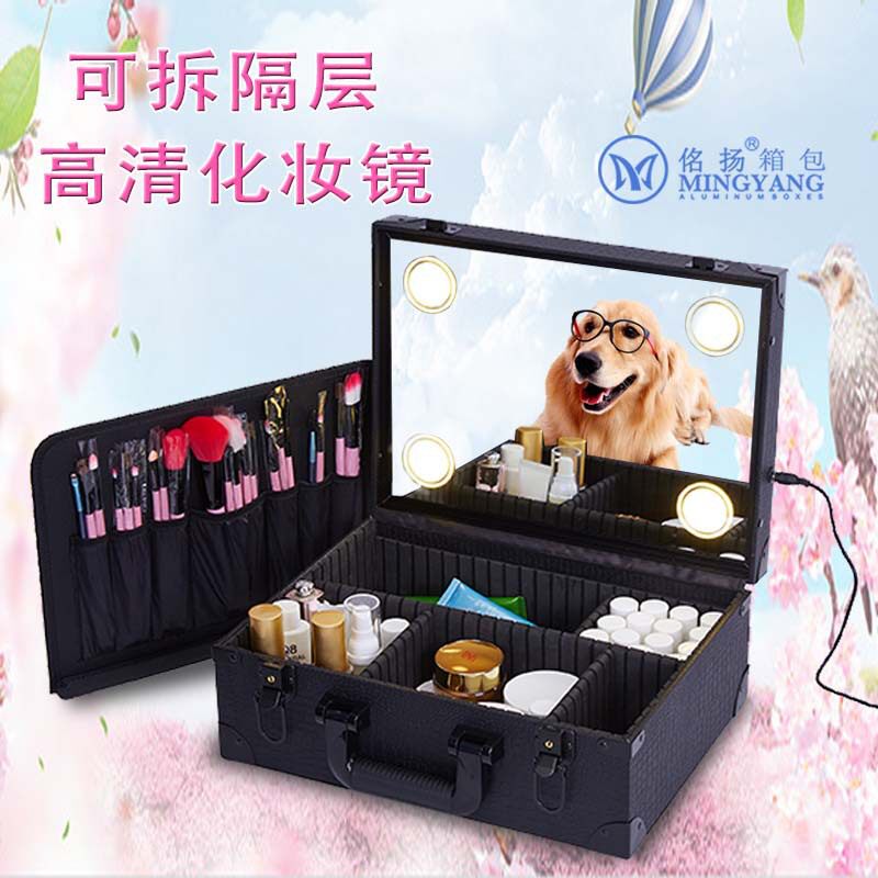 全球严选带灯化妆箱纹绣美甲化妆工具箱可拆卸隔板旅行手提工具箱