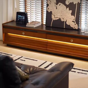 北欧实木电视柜家用小户型落地岩板一体收纳柜客厅复古储物视听柜