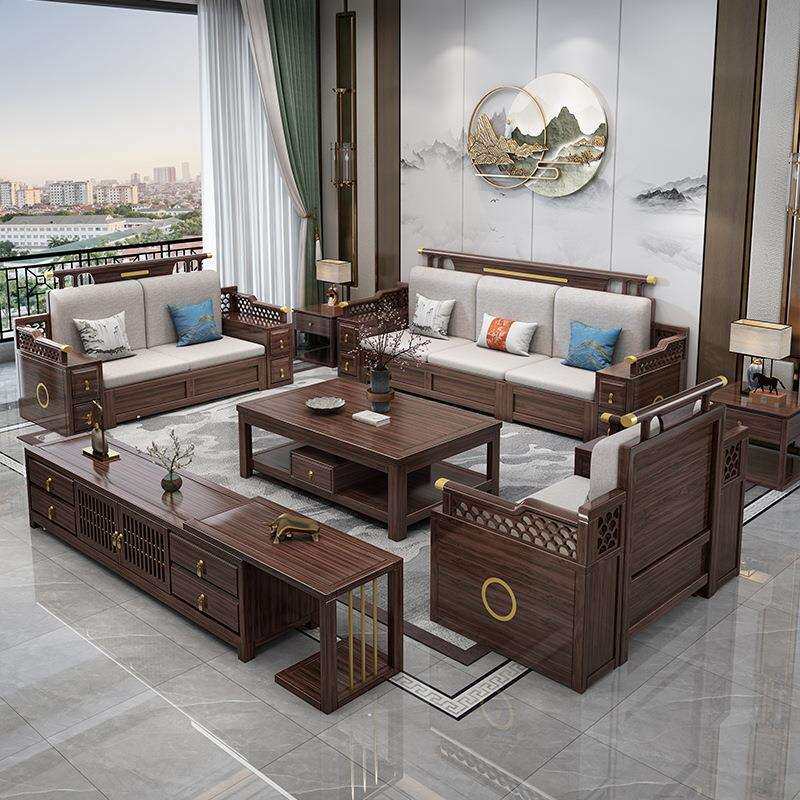 丽巢新中式乌金木实木沙发客厅轻奢冬夏两用贵妃储物沙发茶几组合