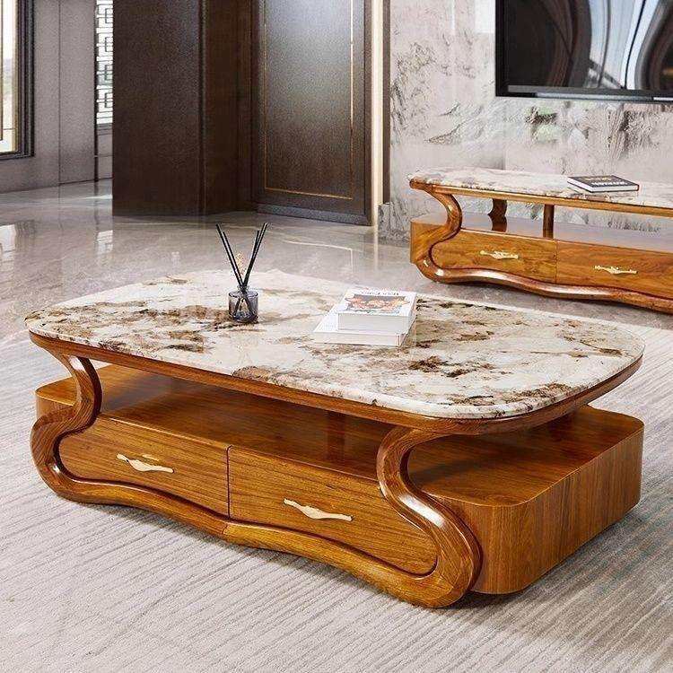 新中式乌金木茶几电视柜组合家用客厅现代实木大理石茶台茶桌