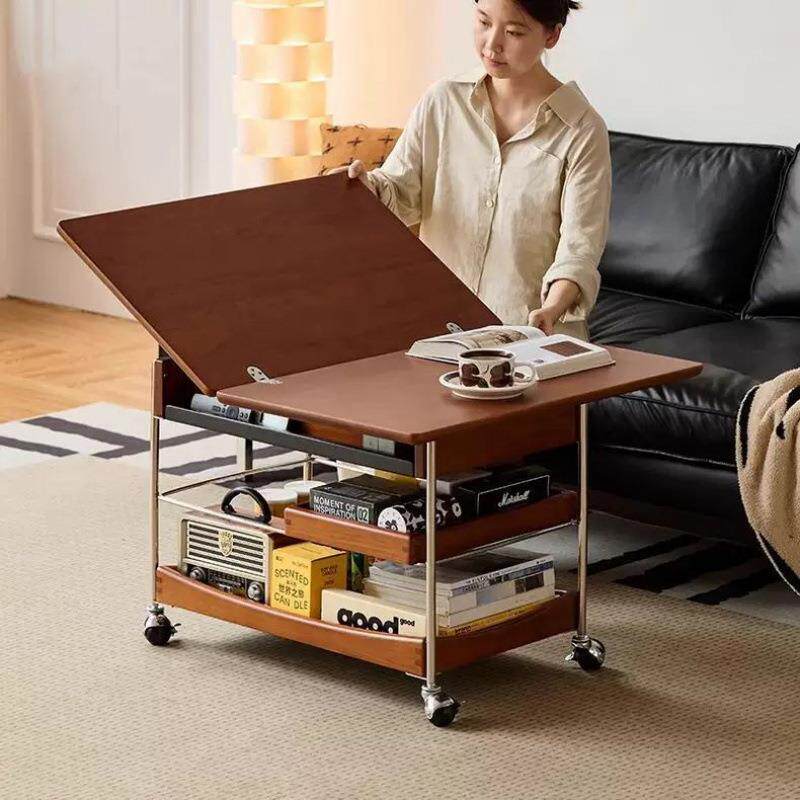 实木茶几家用客厅小推车中古风小户型可移动折叠茶几沙发边几茶桌