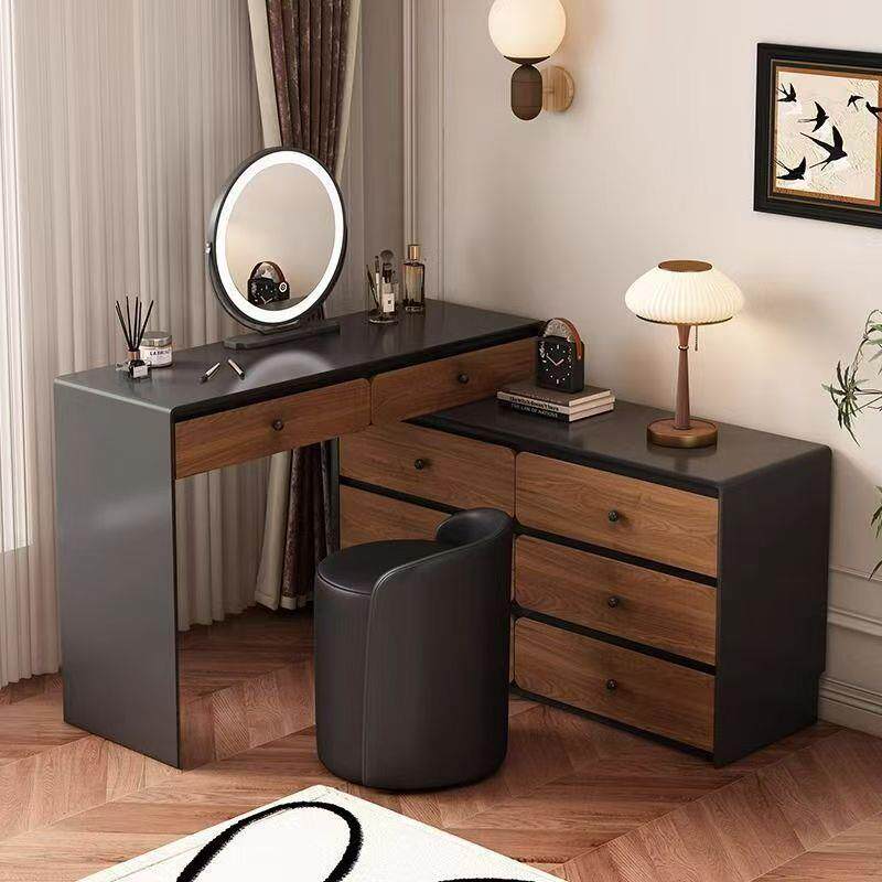 中古风实木梳妆台卧室床尾化妆台斗柜一体收纳柜网红可伸缩化妆桌