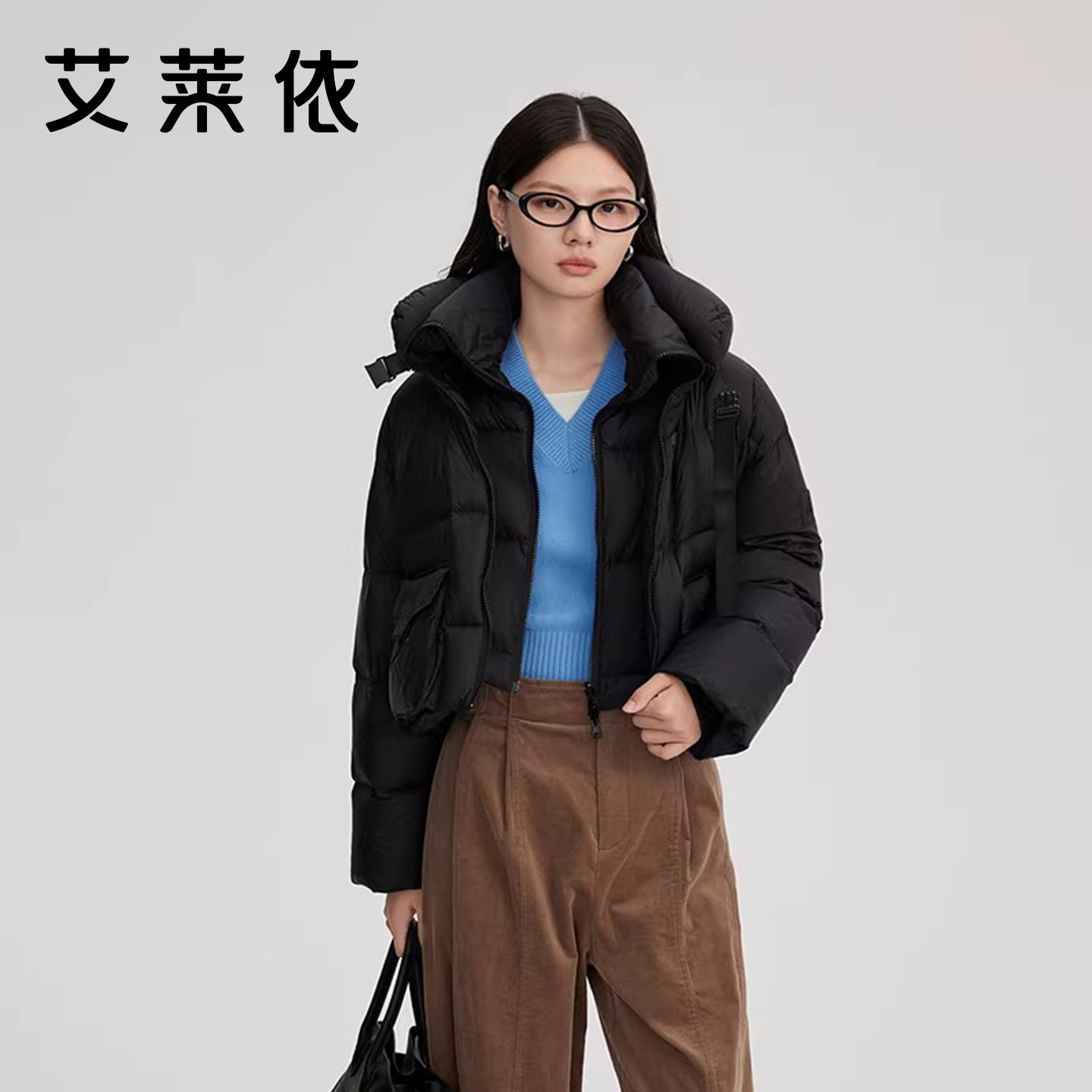 艾莱依短款鹅绒羽绒服女2025冬季新款简约小个子通勤面包服外套