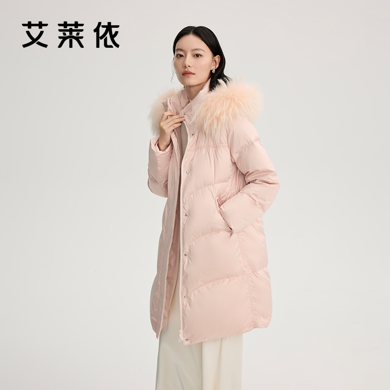 艾莱依连帽中长款大毛领羽绒服