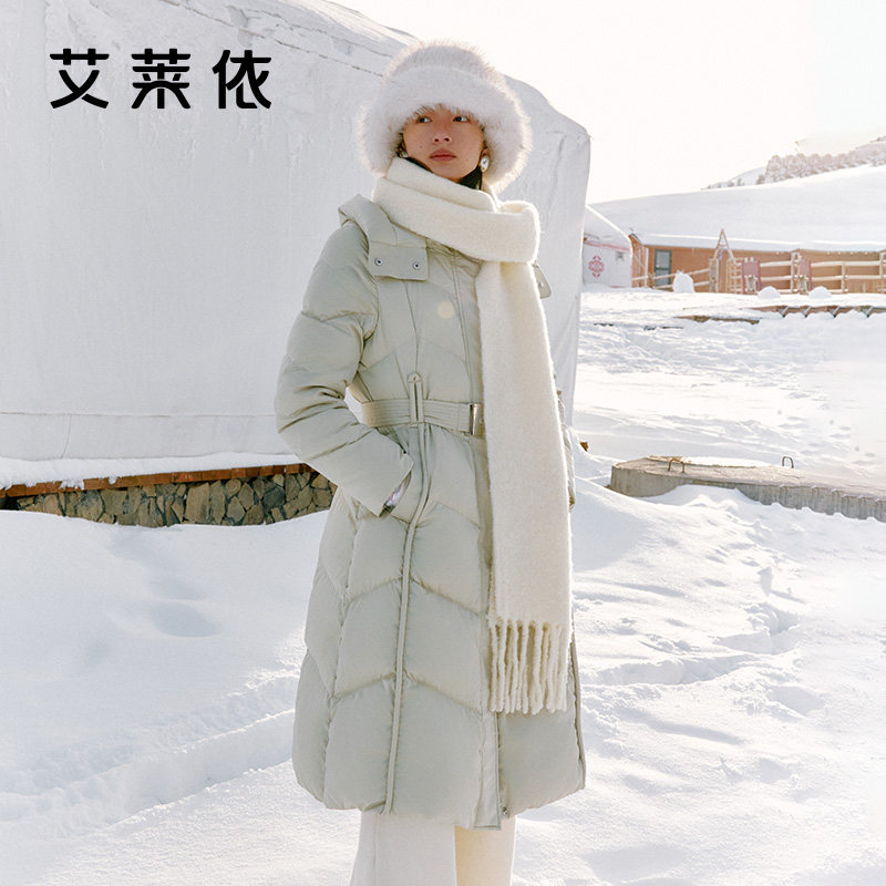 艾莱依冬季新款简约细带连帽长款羽绒服女气质修身加厚收腰外套