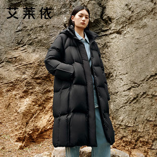 艾莱依长款黑色羽绒服2025冬季新款连帽加厚抗寒高充绒大被子外套