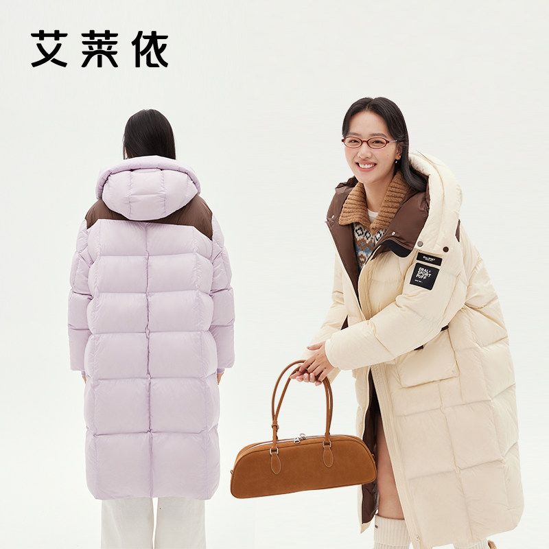 艾莱依长款羽绒服女休闲冬季新款泡芙气质时尚撞色加厚保暖外套