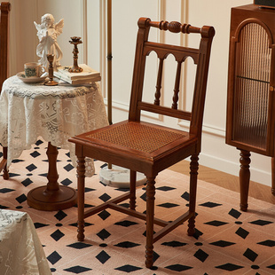 「椅」法式 复古实木椅子餐厅真藤单人椅纯手工藤编餐椅家用