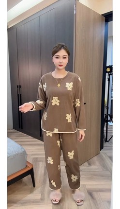 网红洋气软绵绵摇粒绒睡衣套装时尚宽松圆领慵懒风加绒家居服套装