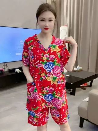 棉绸东北大花汗蒸女网红爆款显瘦大码夏季薄款民族风人造棉家居服