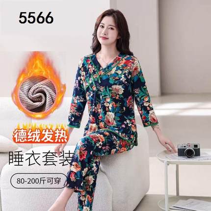 网红爆款东北大花德绒保暖睡衣秋冬气质民族风新中式盘扣家居服