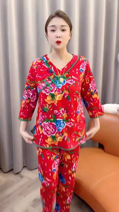 东北大花睡衣套装女德绒盘扣国潮风春季厚款长袖长裤宽松家居服