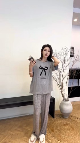 大码春夏秋季新款莫代尔蝴蝶结家居服短袖长裤宽松舒适套装同