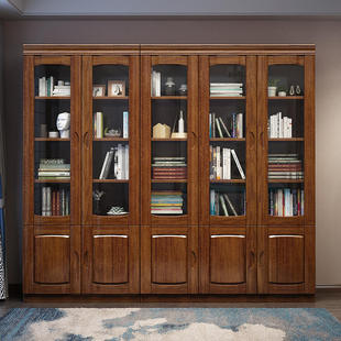 新中式 金丝胡桃木实木书柜书架书橱家用落地带玻璃门收纳柜置物柜