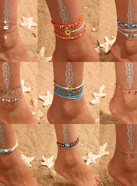 Woven turquoise sunflower handmade rice bead anklet休闲脚链
