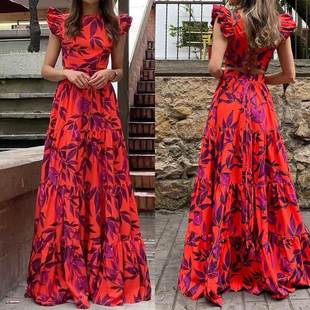 neck round long ruffled dress Cross hem border