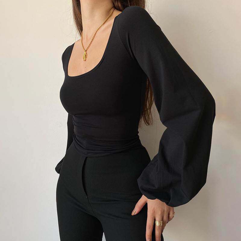 puff sleeve long sleeve shirt百搭修身灯笼泡泡袖大U领T恤上衣