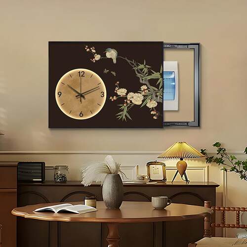 中古风电表箱装饰画带钟表法式复古遮挡配电箱挂画花鸟餐厅电闸盒